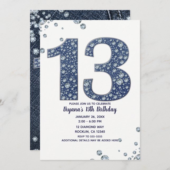 Denim & Diamonds Bling Sparkle 13th 13 Birthday Invitation (Front/Back)
