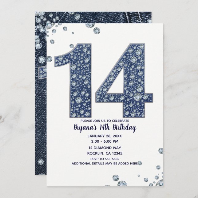 Denim & Diamonds Bling Sparkle 14th 14 Birthday Invitation (Front/Back)