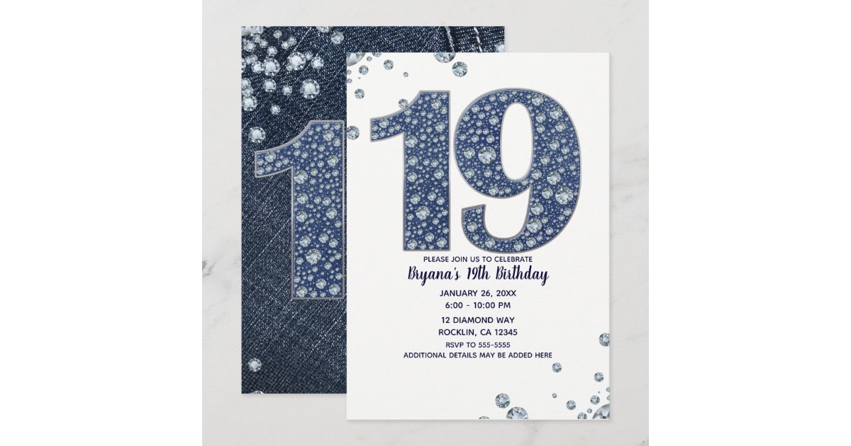 Denim & Diamonds Bling Sparkle 19TH 19 Birthday Invitation | Zazzle.co.nz