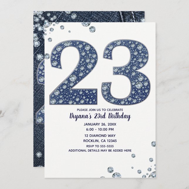 Denim & Diamonds Bling Sparkle 23 23rd Birthday Invitation (Front/Back)