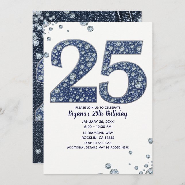 Denim & Diamonds Bling Sparkle 25 25th Birthday Invitation (Front/Back)