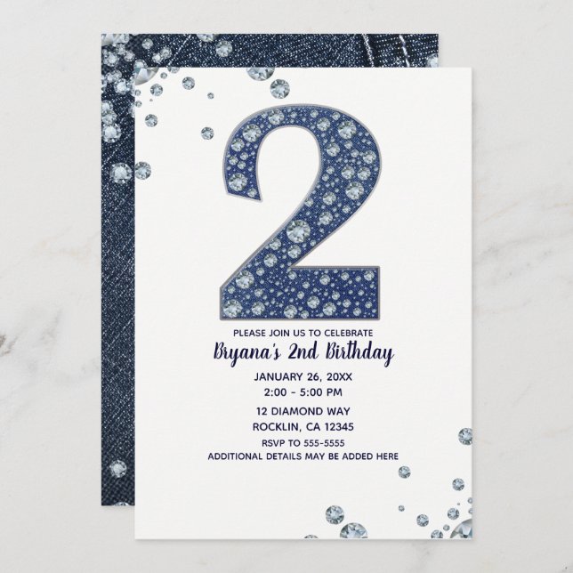 Denim & Diamonds Bling Sparkle 2ND Birthday 2 TWO Invitation (Front/Back)