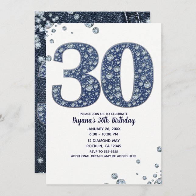 Denim & Diamonds Bling Sparkle 30TH 30 Birthday Invitation (Front/Back)