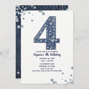 Denim & Diamonds Bling Sparkle 4th 4 Birthday Invitation
