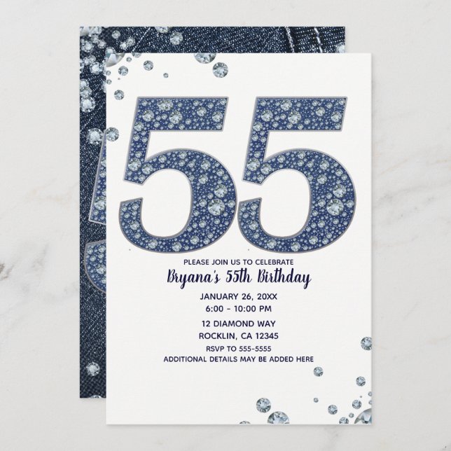 Denim & Diamonds Bling Sparkle 55TH 55 Birthday Invitation (Front/Back)