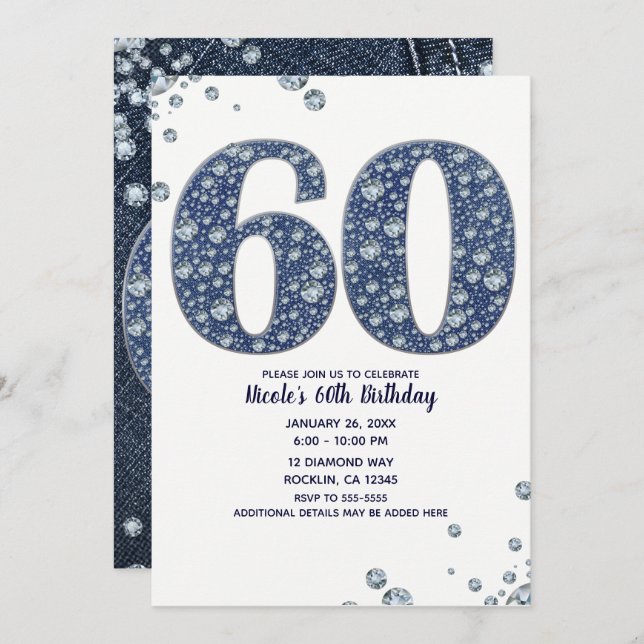 Denim & Diamonds Bling Sparkle 60TH 60 Birthday Invitation (Front/Back)