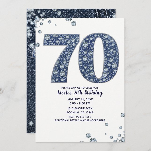 Denim & Diamonds Bling Sparkle 70TH 70 Birthday Invitation (Front/Back)