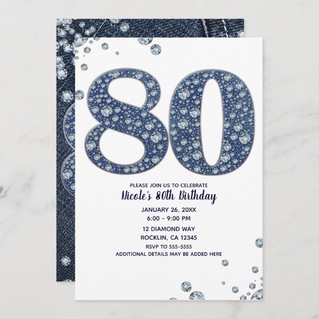 Denim & Diamonds Bling Sparkle 80TH 80 Birthday Invitation (Front/Back)