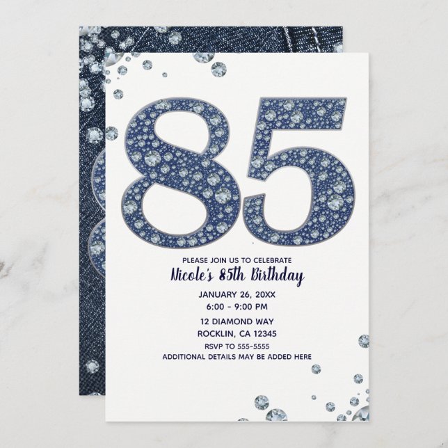 Denim & Diamonds Bling Sparkle 85TH 85 Birthday Invitation (Front/Back)
