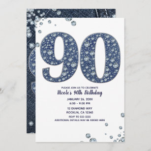 Denim & Diamonds Bling Sparkle 90TH 90 Birthday Invitation