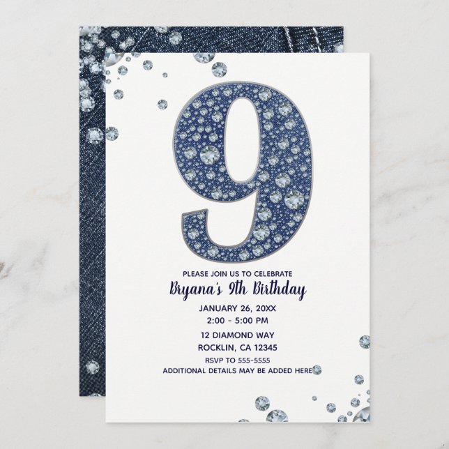 Denim & Diamonds Bling Sparkle 9th 9 Birthday Invitation (Front/Back)