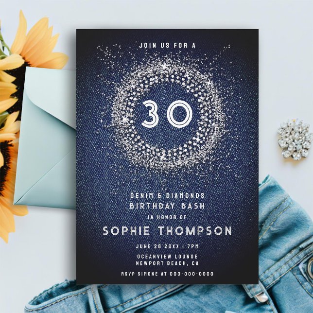 Denim Diamonds Bling Starburst 30th Birthday Party Invitation (denim diamonds 30th birthday party invitation for women modern elegant glitter starburst simple)
