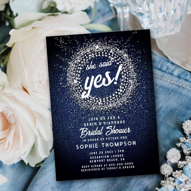 Denim Diamonds Bling Starburst Yes Bridal Shower Invitation (Creator Uploaded)