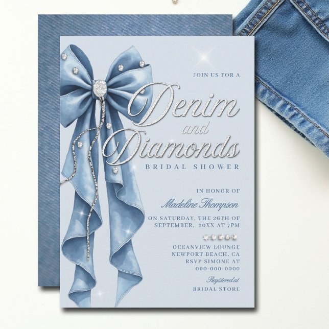 Denim Diamonds Blue Bow Script Glam Bridal Shower Invitation (denim and diamonds bridal shower ideas invitation elegant bow classy bling script blue white )