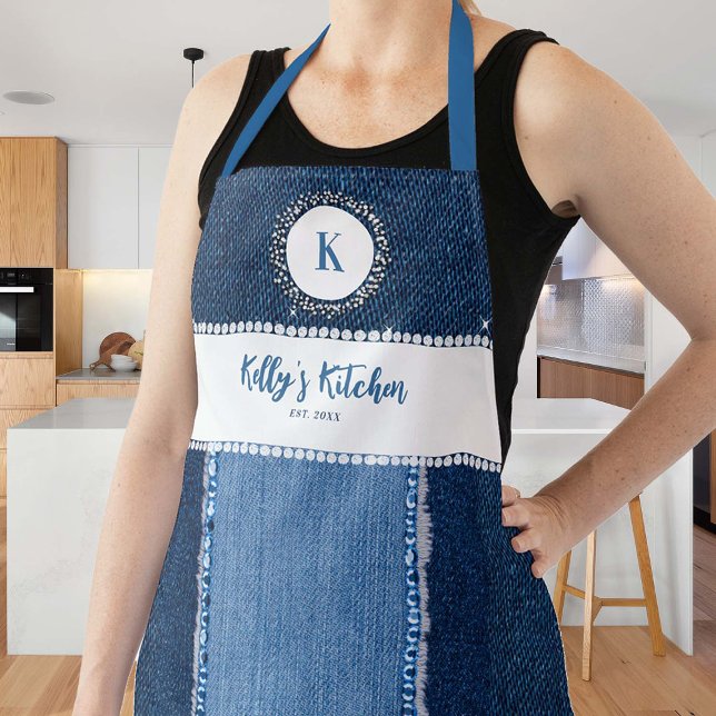 Denim Diamonds Blue Country Custom Monogram Gift Apron (denim diamonds apron personalized gift bridal bachelorette mom grandma hostess country western chic)