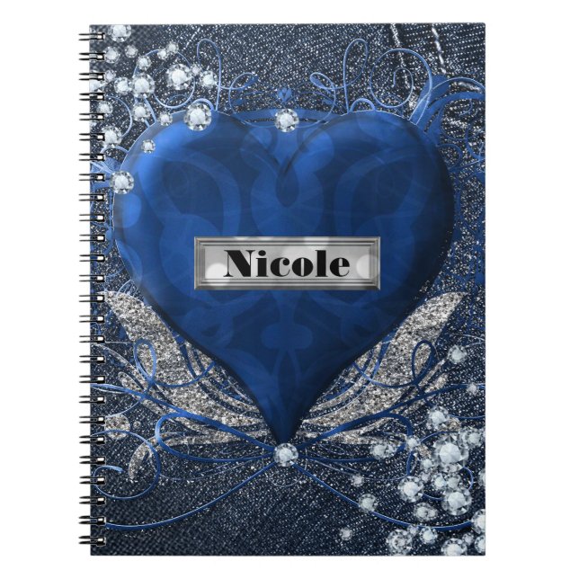 Denim & Diamonds Blue Heart Custom Personalised Notebook (Front)