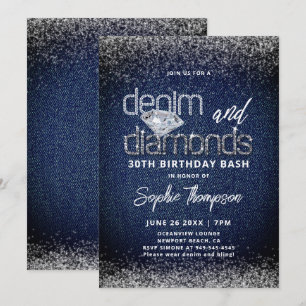 Denim Diamonds Blue White Elegant 30th Birthday Invitation