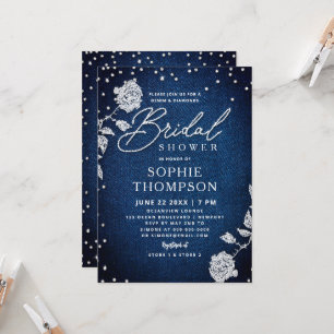 Denim Diamonds Blue White Rose Frame Bridal Shower Invitation