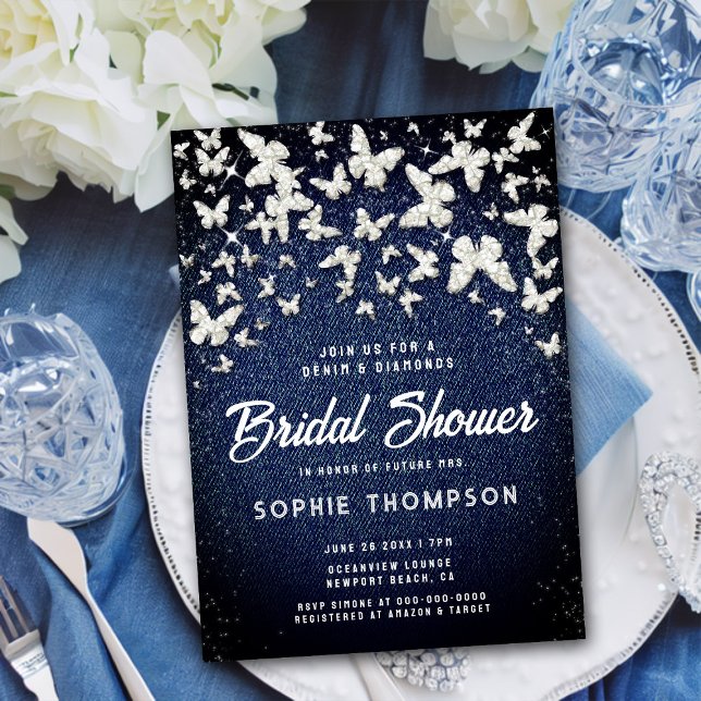Denim Diamonds Butterflies Script Bridal Shower Invitation (Creator Uploaded)