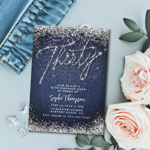 Denim Diamonds Calligraphy 30th Birthday Party Invitation