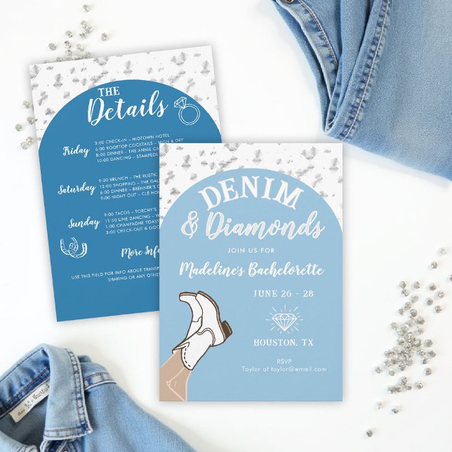 Denim Diamonds Cowgirl Arch Bachelorette Itinerary Invitation (denim and diamonds bachelorette party invite arch confetti hand drawn itinerary cowgirl boots)