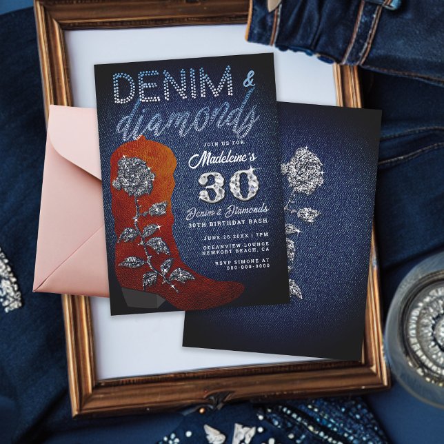 Denim Diamonds Cowgirl Bling Rose Birthday Party Invitation (Denim and diamonds 30th birthday party for women suede cowgirl boot bling rose terracotta copper)