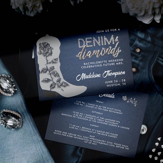 Denim Diamonds Cowgirl Boot Bachelorette Itinerary Invitation (denim and diamonds bachelorette party itinerary invitation grey cowgirl boot rose bling country glam)