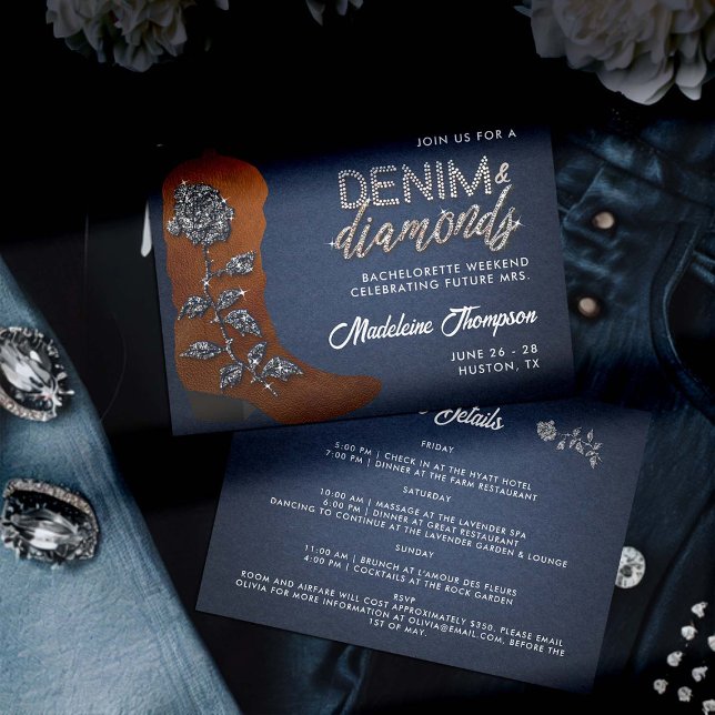 Denim Diamonds Cowgirl Boot Bachelorette Itinerary Invitation (denim and diamonds bachelorette party weekend itinerary classy bling cowgirl boot blue jeans theme)