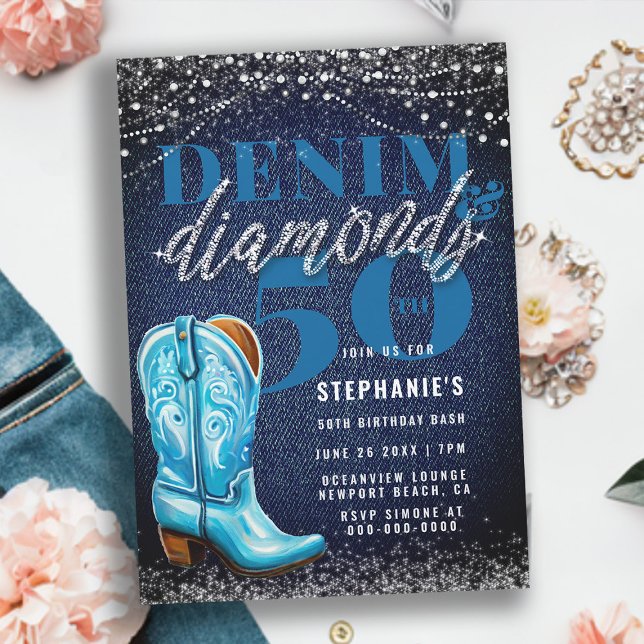 Denim Diamonds Cowgirl Boot Rustic 50th Birthday Invitation (denim and diamonds 50th birthday invitation for women cowgirl boot elegant classy rustic lights chic)