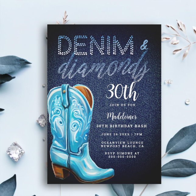 Denim Diamonds Cowgirl Boot Rustic Birthday Party Invitation (denim diamonds 30th birthday party invitation for women rustic glam barn country blue cowgirl boot)