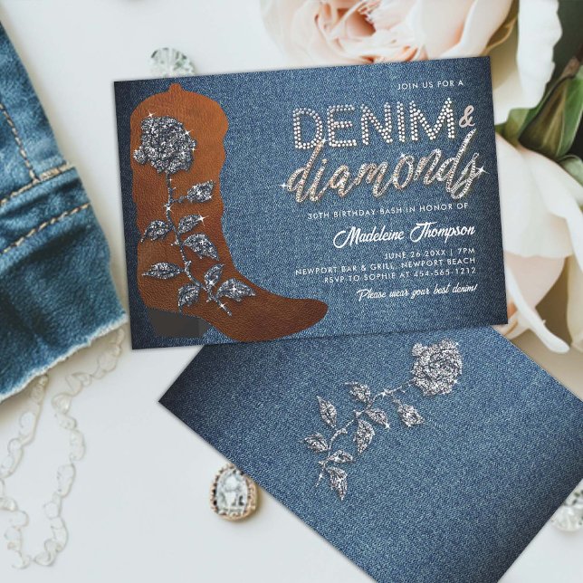 Denim Diamonds Cowgirl Boot Western 30th Birthday Invitation (denim and diamonds theme 30th birthday invitation women country cowgirl boot western blue jeans chic)