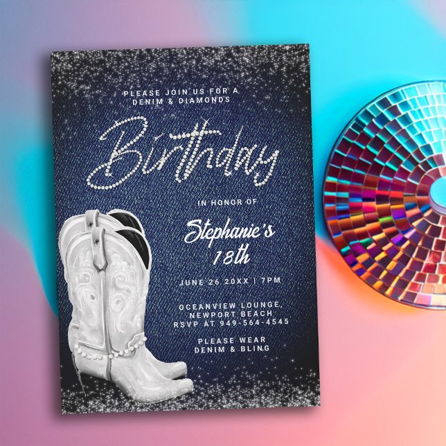 Denim Diamonds Cowgirl Boots Bling 18th Birthday Invitation (denim and diamonds 18th birthday invitation women cowgirl boots country western party elegant classy)