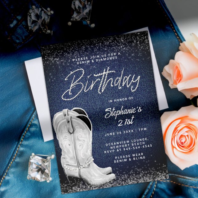 Denim Diamonds Cowgirl Boots Bling 21st Birthday Invitation (denim and diamonds birthday party invitation 21st women rhinestone bling glitter classy cowgirl boot)