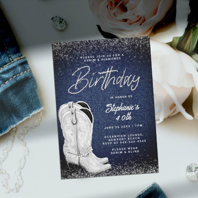 Denim Diamonds Cowgirl Boots Bling 40th Birthday Invitation (denim and diamonds 40th birthday invitation women cowgirl boots country western bling rhinestones)