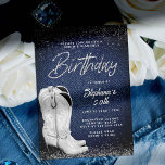 Denim Diamonds Cowgirl Boots Bling 50th Birthday Invitation<br><div class="desc">A modern country, elegant and chic 50th birthday party invitation for women with a denim and diamonds theme. It features a denim background, a white, statement pair of cowgirl boots in acrylic painting and typography in white, with the word "Birthday" in modern calligraphy and a rhinestones effect (this is a...</div>