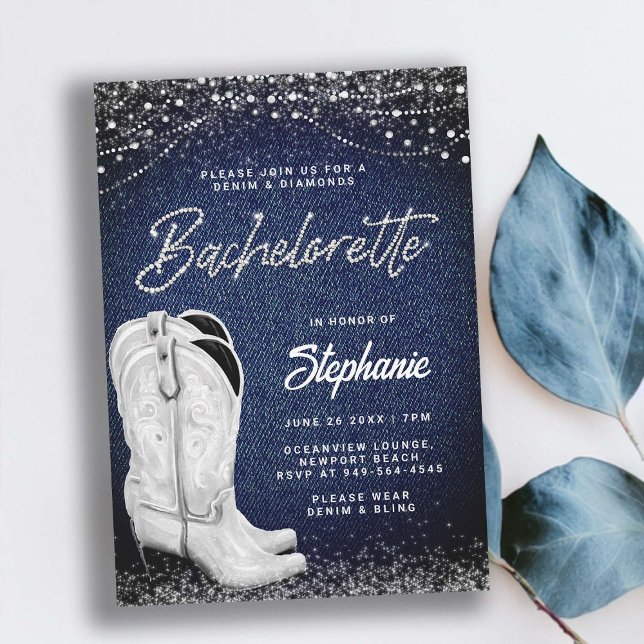 Denim Diamonds Cowgirl Boots Country Bachelorette Invitation (denim and diamonds bachelorette party invitation white cowgirl boots classy ladies night out country)