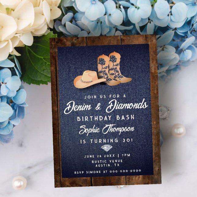 Denim Diamonds Cowgirl Boots Hat Birthday Party Invitation (denim diamonds birthday party invitation rustic wood blue white cowgirl chic boots hat bling)