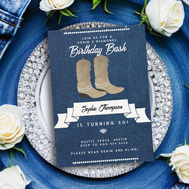 Denim Diamonds Cowgirl Boots Rustic 50th Birthday Invitation (denim and diamonds 50th birthday invitation for women elegant classy bling cowgirl boots rustic chic)