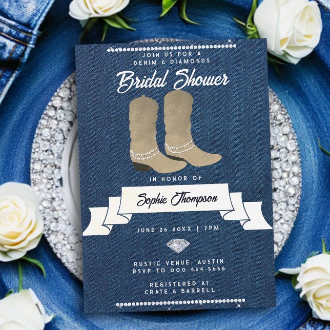Denim Diamonds Cowgirl Boots Rustic Bridal Shower Invitation (denim and diamonds bridal shower invitation rustic country western cowgirl boots classy bling chic)