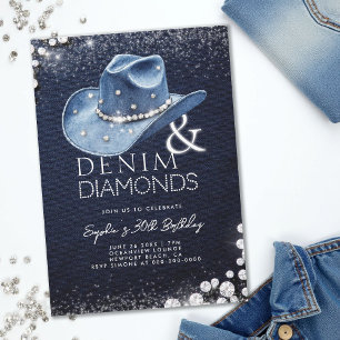 Denim Diamonds Cowgirl Hat Bling 30th Birthday Invitation