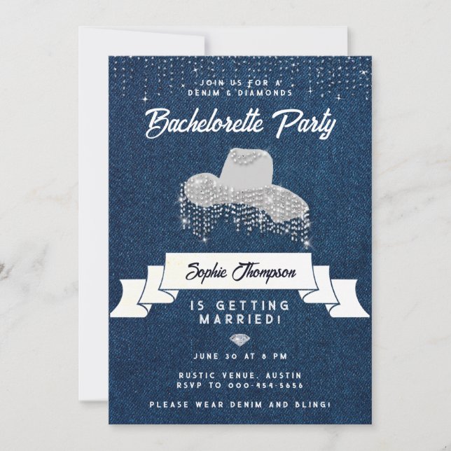 Denim Diamonds Cowgirl Hat Rhinestone Bachelorette Invitation (Front)