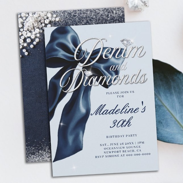 Denim Diamonds Dark Blue Bow 30th Birthday Party Invitation (denim and diamonds 30th birthday party invitation blue white dark bow bling sparkles classy)