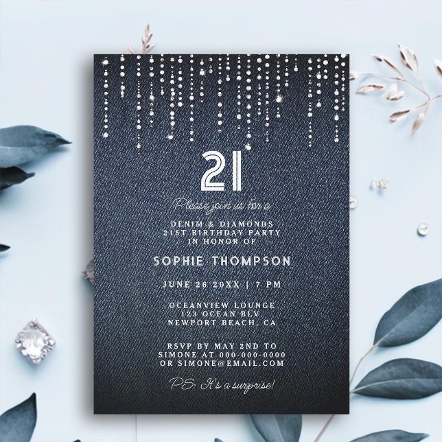 Denim Diamonds Drippings 21st Birthday Party Invitation (denim diamonds 21st birthday party invitation for women modern simple glam elegant classy drippings)