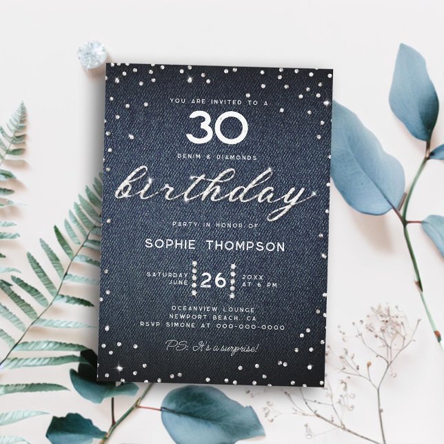 Denim Diamonds Elegant Bling 30th Birthday Party Invitation (denim diamonds thirty birthday invitation women elegant rustic modern boho classy bling script)