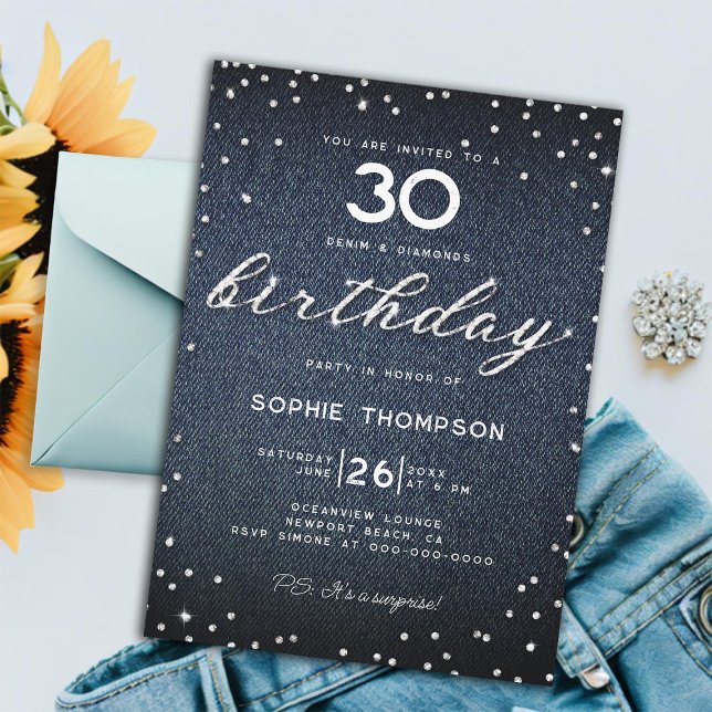 Denim Diamonds Elegant Classy 30th Birthday Party Invitation (denim diamonds 30th birthday party women elegant rustic boho rhinestones glitter chic modern classy)