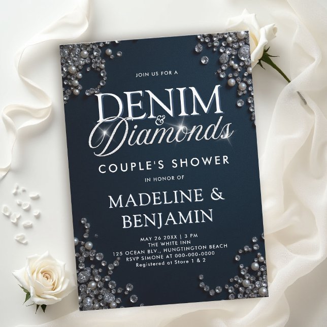 Denim Diamonds Elegant Rustic Blue Couple Shower Invitation (denim and diamonds wedding shower invitations template couple bridal western country rustic blue)