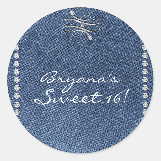 Denim & Diamonds Emblem Birthday Party Favour Classic Round Sticker (Front)