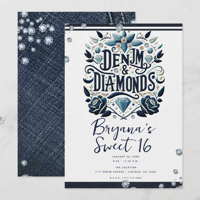 Denim & Diamonds Embroidered Floral Sweet 16 Invitation (Front/Back)
