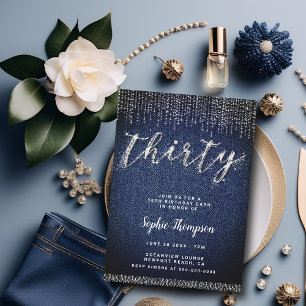 Denim Diamonds Glam Calligraphy Chic 30th Birthday Invitation