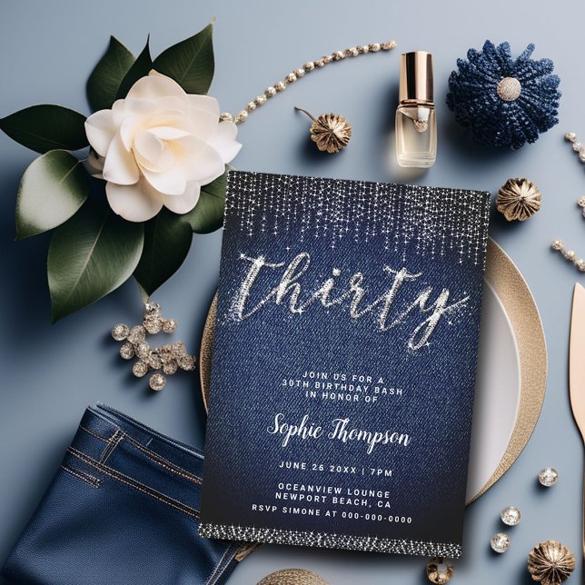 Denim Diamonds Glam Calligraphy Chic 30th Birthday Invitation (denim diamonds 30th birthday invite glam bling calligraphy elegant classy chic jeans blue white)